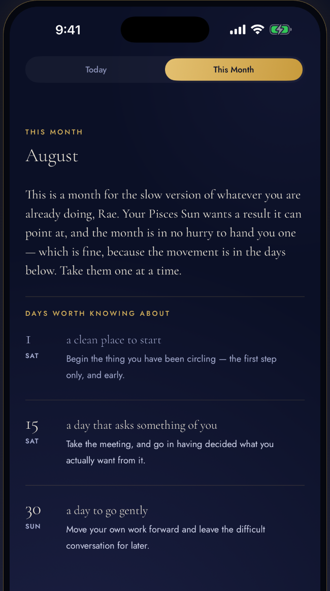 The This Month screen, showing the month ahead